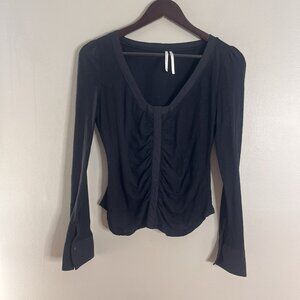 Anthropologie Size Small Black Bell Sleeve Ruched V-Neck Blouse Top